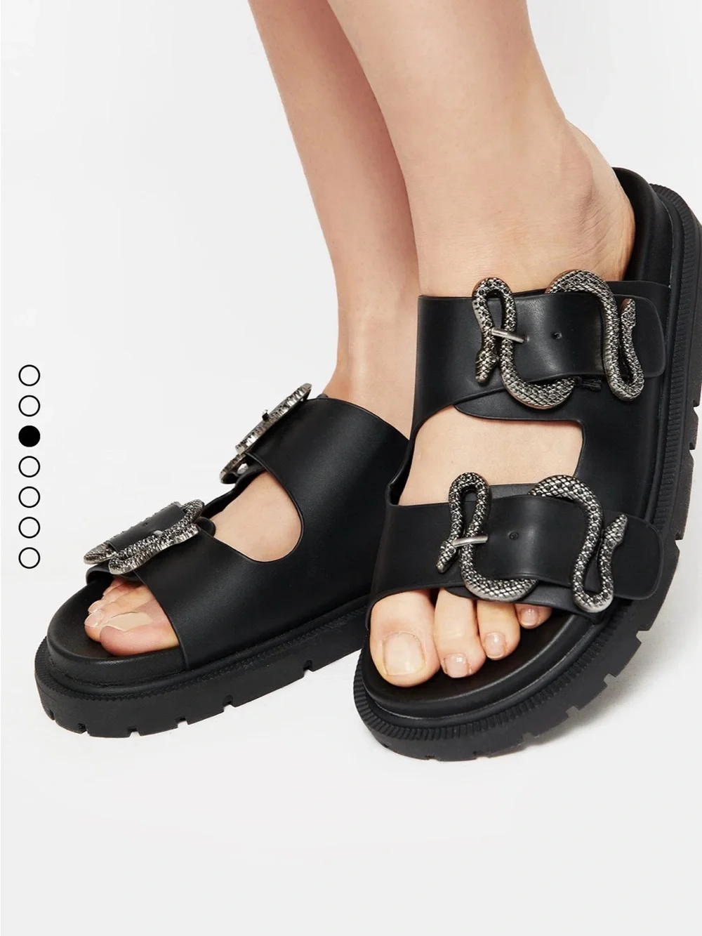Disturbia Black Slide Sandal with Snake Buckles